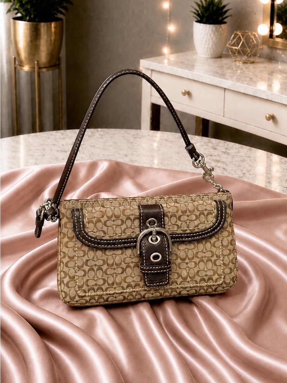 Vintage Coach Soho Signature Buckle Wristlet Khaki Brown Y2K